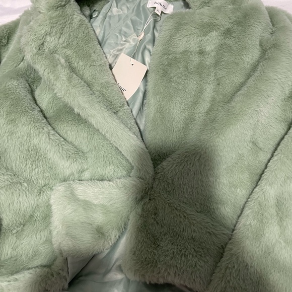 NWT Fuzzy green faux fur jacket blazer shawl collar cropped Bohme party lined XL - Picture 4 of 6